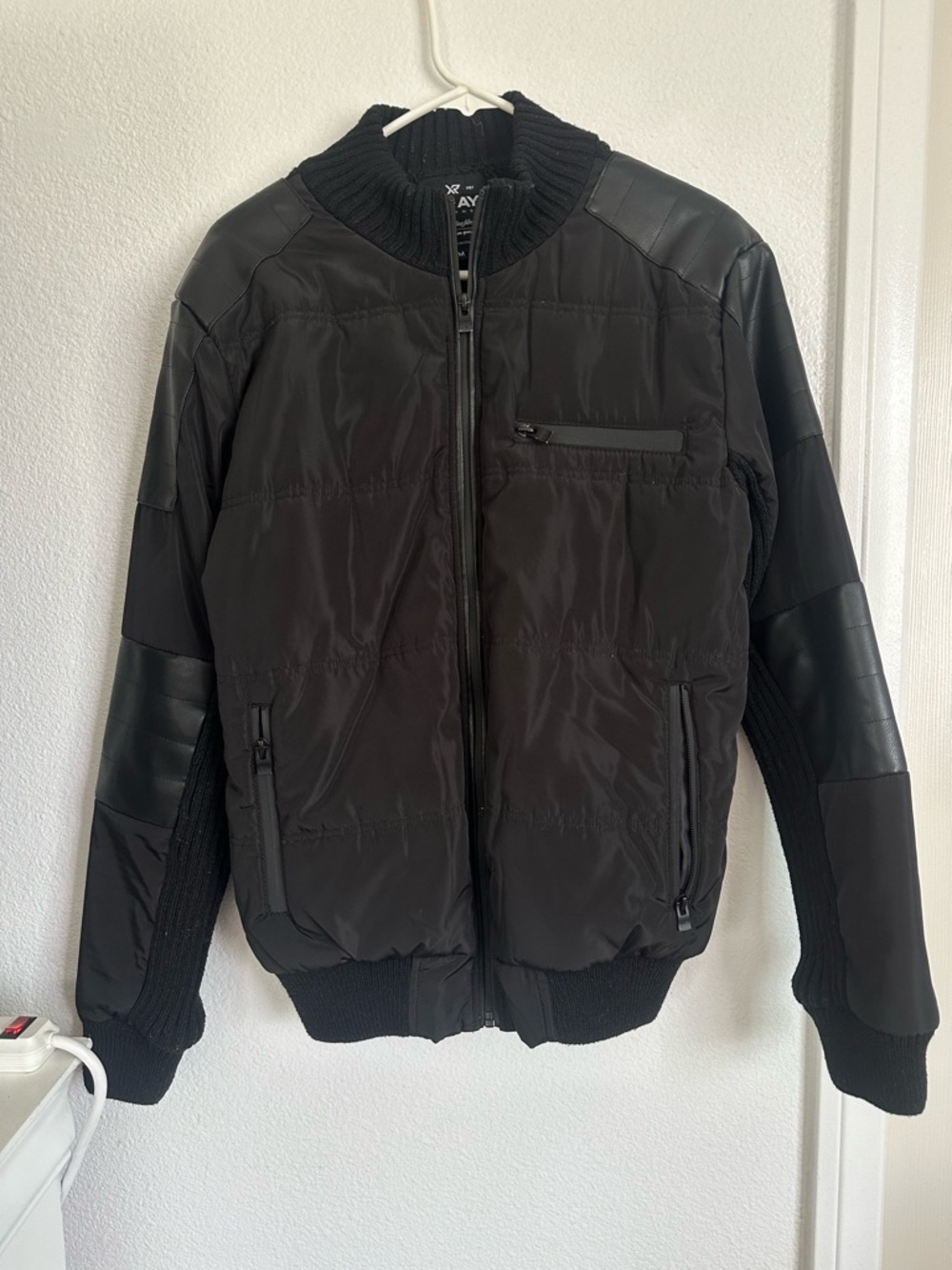 Men's Black Quilted Bomber Jacket with Knit Trim Medium